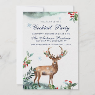 Elegant Holly Berry Deer Christmas Cocktail Party Invitation