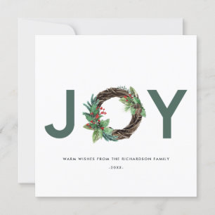 ELEGANT HOLLY BERRY GREEN RED JOY WREATH CHRISTMAS HOLIDAY CARD