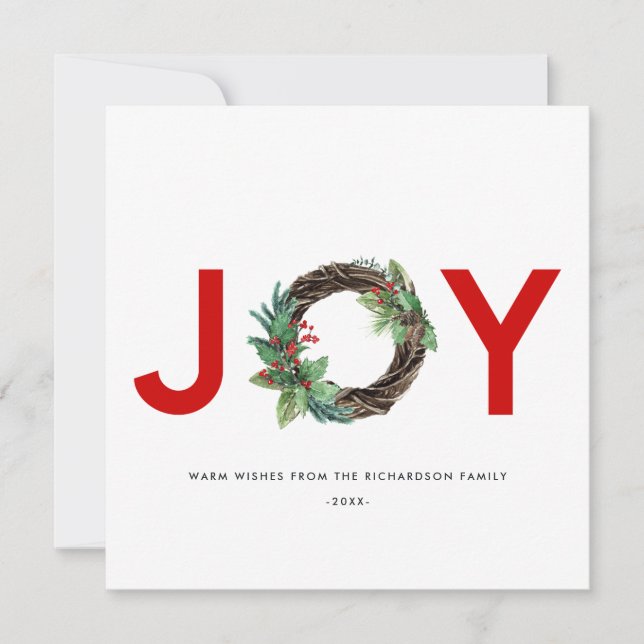 ELEGANT HOLLY BERRY GREEN RED JOY WREATH CHRISTMAS HOLIDAY CARD (Front)