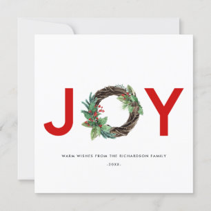 ELEGANT HOLLY BERRY GREEN RED JOY WREATH CHRISTMAS HOLIDAY CARD