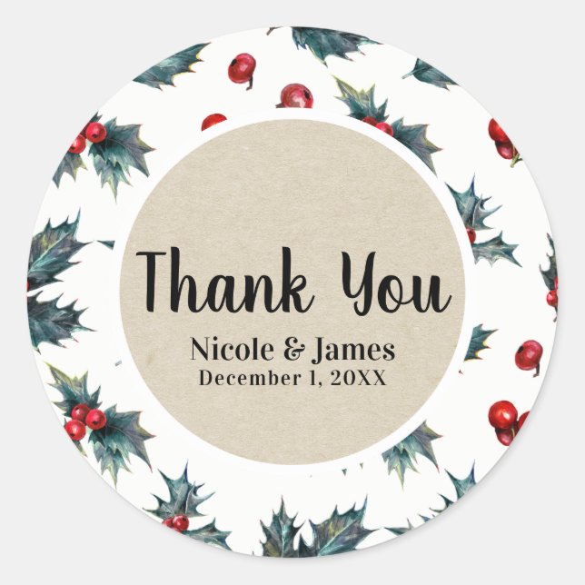 Elegant Holly Berry Holiday Winter Wedding Favour Classic Round Sticker (Front)