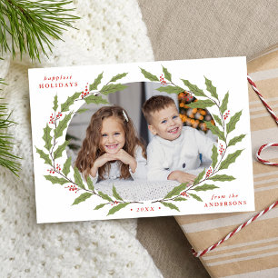 Elegant Holly Berry Oval Wreath 2 Photo Holiday Card