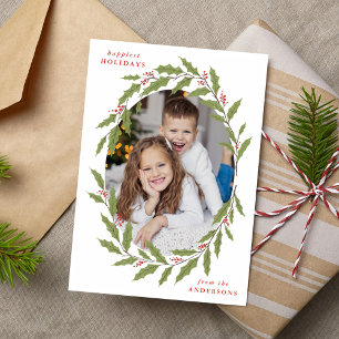 Elegant Holly Berry Oval Wreath 3 Photo Holiday Card