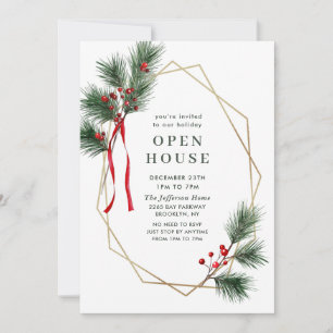 Elegant Holly Berry Pine Fir Christmas Open House Invitation