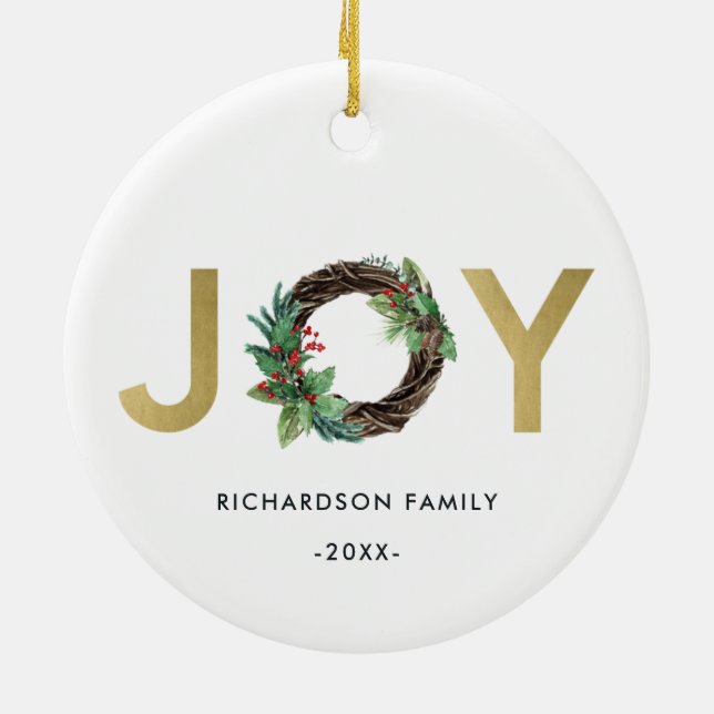 ELEGANT HOLLY BERRY RED GOLD JOY WREATH CHRISTMAS CERAMIC ORNAMENT (Back)