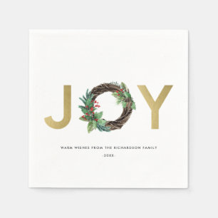 ELEGANT HOLLY BERRY RED GOLD JOY WREATH CHRISTMAS NAPKIN