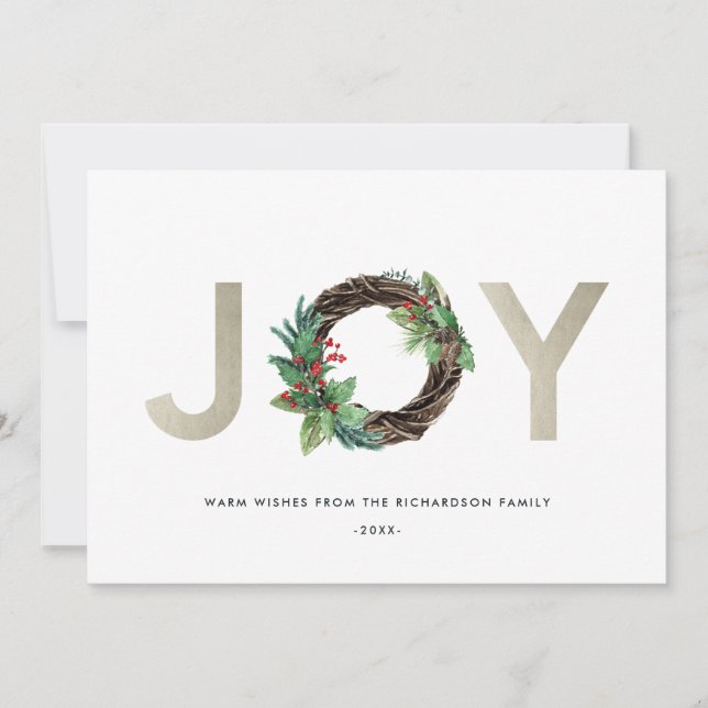 ELEGANT HOLLY BERRY SILVER JOY WREATH CHRISTMAS HOLIDAY CARD (Front)