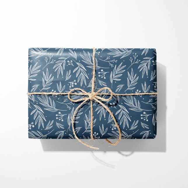 Elegant Holly & Berry Stems Blue Wrapping Paper (Creator Uploaded)