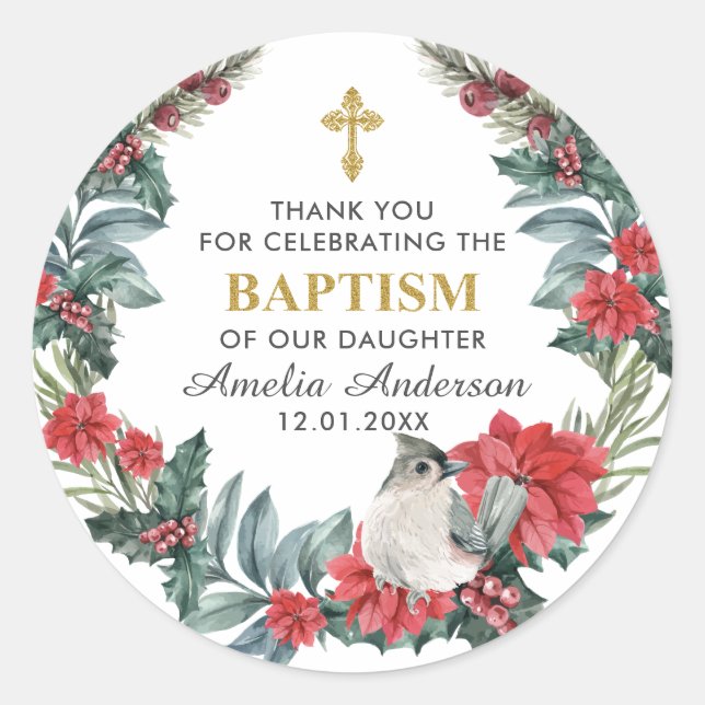 Elegant Holly Berry Winter Baptism Thank You Classic Round Sticker (Front)