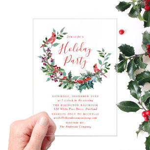 Elegant Holly Berry Wreath Cardinals Holiday Party Acrylic Invitations