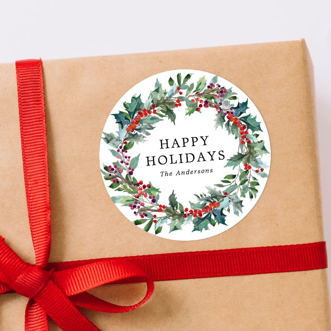 Elegant Holly Berry Wreath Classic Round Sticker (Creator Uploaded)