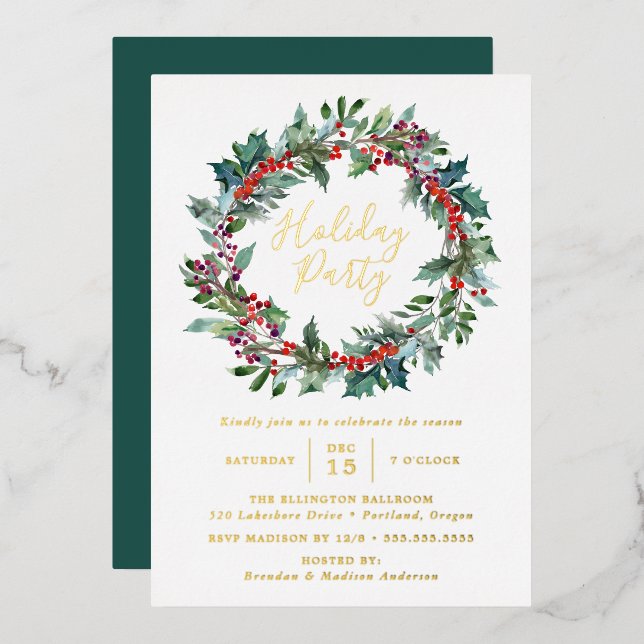 Elegant Holly Berry Wreath Holiday Party (Front/Back)