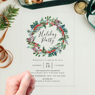 Elegant Holly Berry Wreath Holiday Party Acrylic Invitations