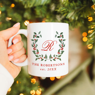 Elegant Holly Berry Wreath Monogram Personalised Coffee Mug