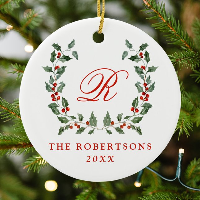 Elegant Holly Berry Wreath Monogram Photo Ceramic Ornament (Creator Uploaded)