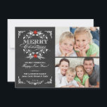 Elegant Holly Chalkboard Christmas 2-Photo Cards<br><div class="desc">Vintage chalkboard style Merry Christmas holiday greeting card with photo template. Elegant black and white design with beautiful red poinsettia holly wreath, festive retro frame and decorative formal letterpress style typography on slate grey chalk board background. Add your favourite holiday family pictures and customise the text. Contemporary, classic, modern and...</div>