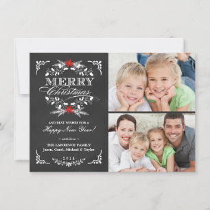 Elegant Holly Chalkboard Christmas 2-Photo Cards