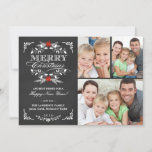 Elegant Holly Chalkboard Christmas 3-Photo Collage Holiday Card<br><div class="desc">Vintage chalkboard style Merry Christmas holiday greeting card with photo template. Elegant black and white design with beautiful red poinsettia holly wreath, festive retro frame and decorative formal letterpress style typography on slate gray chalk board background. Add your three favorite holiday family pictures and customize the text. Cheerful and bright...</div>