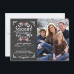 Elegant Holly Chalkboard Christmas Photo Flat Card<br><div class="desc">Vintage chalkboard style Merry Christmas holiday greeting card with photo template. Elegant black and white design with beautiful red poinsettia holly wreath, festive retro frame and decorative formal letterpress style typography on slate grey chalk board background. Add your favourite holiday family picture and customise the text. Cheerful and bright contemporary,...</div>
