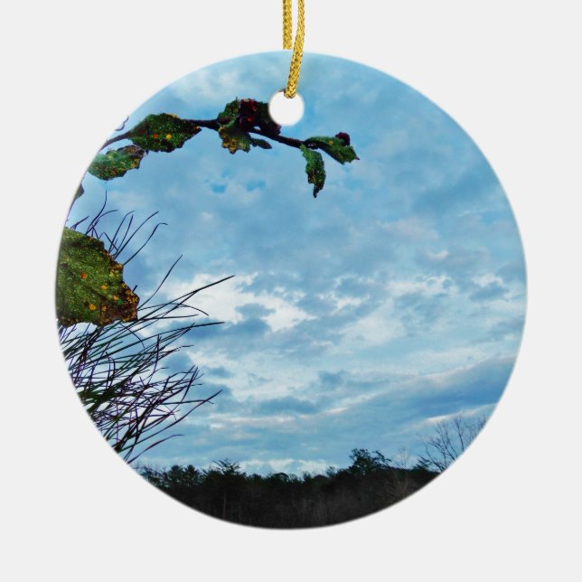 Elegant Holly Christmas,  blue sky Ceramic Ornament (Front)