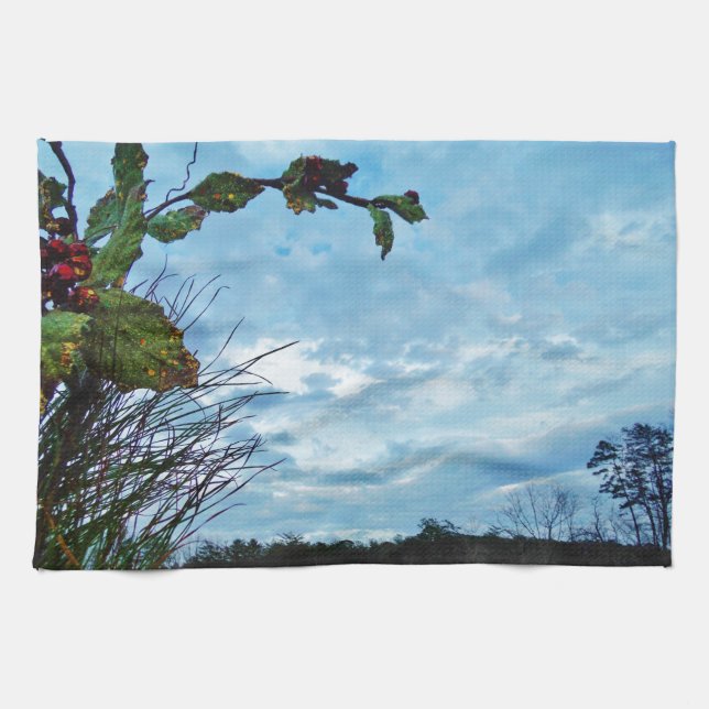 Elegant Holly Christmas,  blue sky Tea Towel (Horizontal)