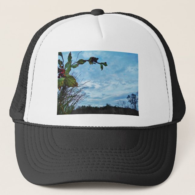 Elegant Holly Christmas,  blue sky Trucker Hat (Front)