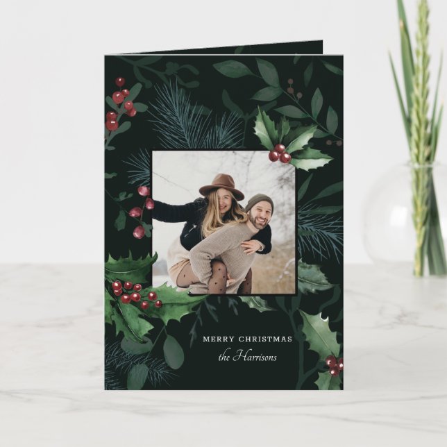 Elegant Holly Christmas Dark Green Botanical Photo Holiday Card (Front)