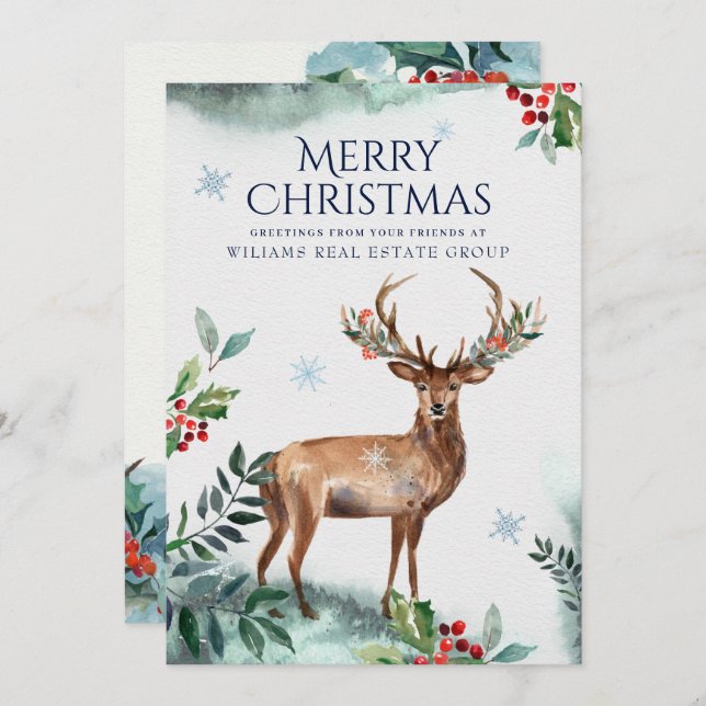 Elegant Holly Deer Christmas Corporate Greeting Holiday Card (Front/Back)