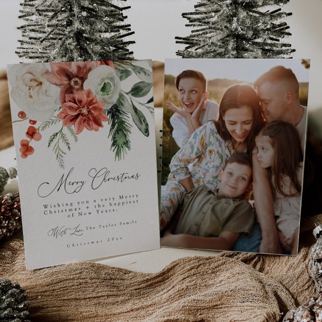 Elegant Holly Floral Greenery Photo Christmas Card (Creator Uploaded)