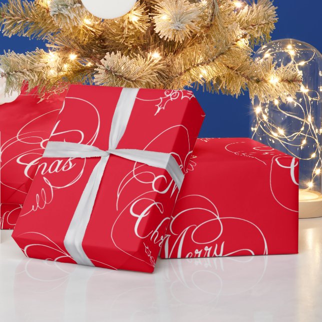 Elegant Holly Merry Christmas Red Wrapping Paper (Holidays)