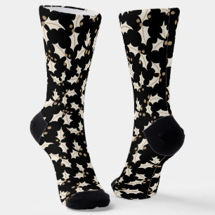 Elegant Holly Pattern Black, Ivory, Gold Socks