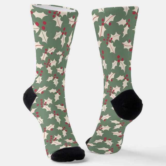 Elegant Holly Pattern Green Red,Ivory Socks (Angled)
