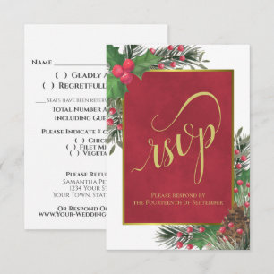 Elegant Holly & Pine Christmas or Holiday Wedding RSVP Card
