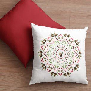 Elegant Holly Pinecone Holiday Mandala Christmas Cushion