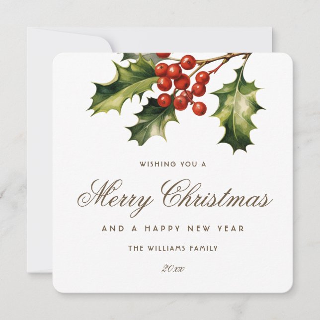 Elegant Holly Red Berries Botanical Holiday Card (Front)