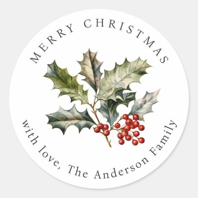 Elegant Holly Red Berries Watercolor Christmas Classic Round Sticker (Front)