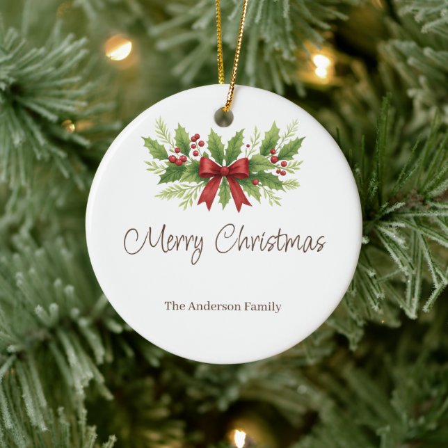 Elegant Holly & Red Bow Christmas -  Ceramic Ornament (Tree)