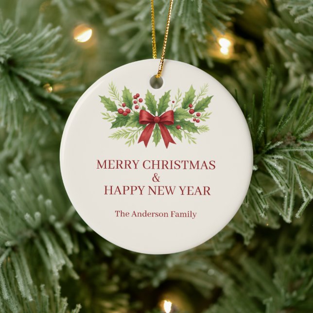 Elegant Holly & Red Bow Christmas -  Ceramic Ornament (Tree)