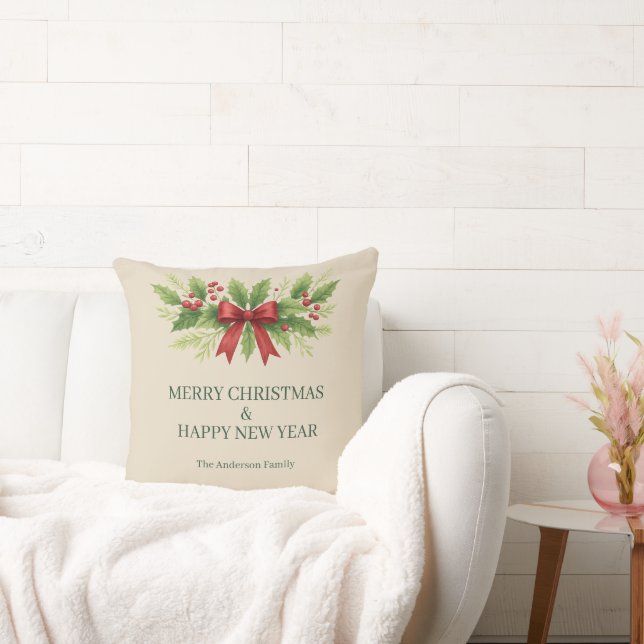Elegant Holly & Red Bow Christmas -  Cushion (Couch)