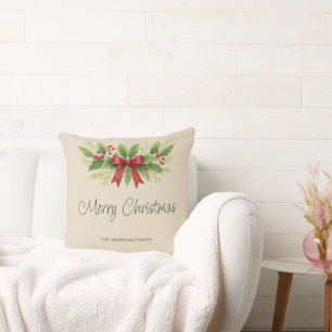 Elegant Holly & Red Bow Christmas -  Cushion