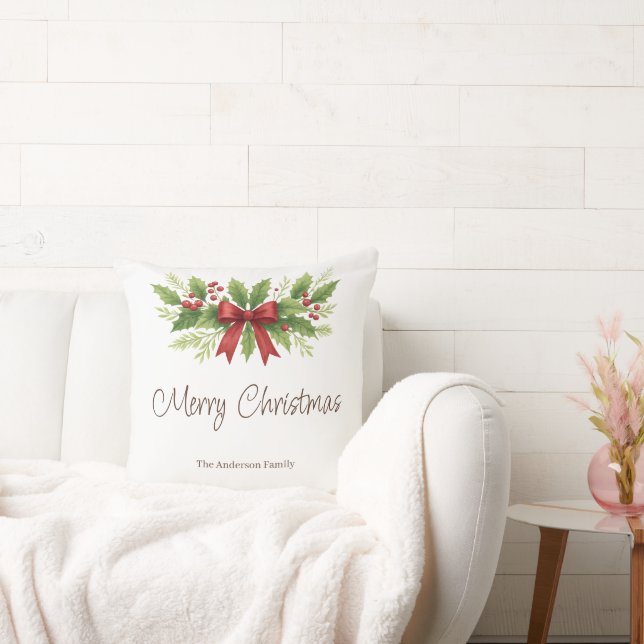 Elegant Holly & Red Bow Christmas -  Cushion (Couch)