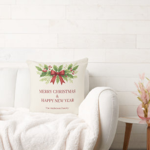 Elegant Holly & Red Bow Christmas - Cushion
