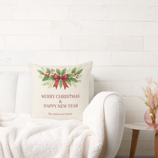 Elegant Holly & Red Bow Christmas -  Cushion (Couch)