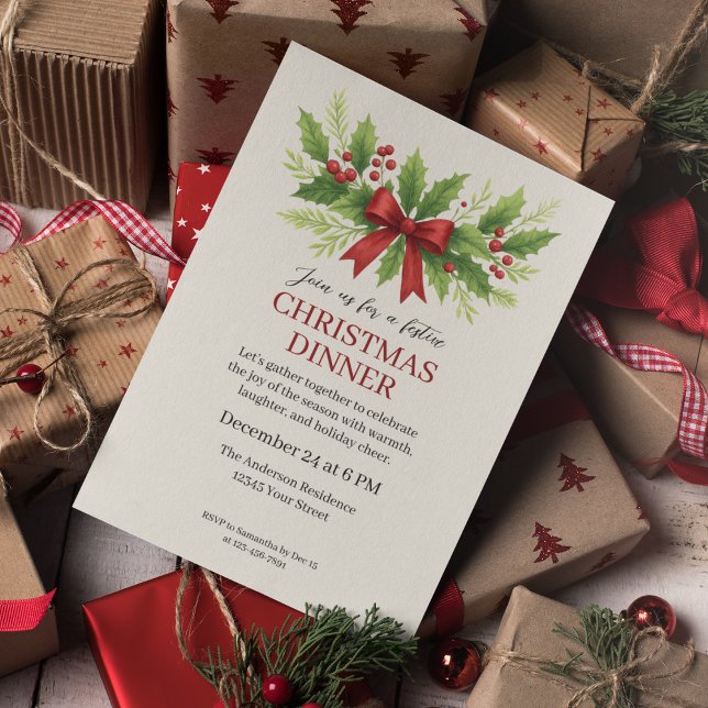 Elegant Holly & Red Bow Christmas Dinner -  Invitation (Creator Uploaded)
