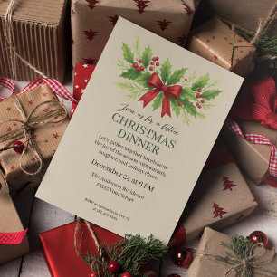 Elegant Holly & Red Bow Christmas Dinner -  Invitation