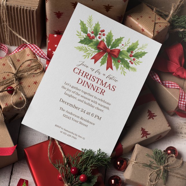 Elegant Holly & Red Bow Christmas Dinner -  Invitation (Creator Uploaded)