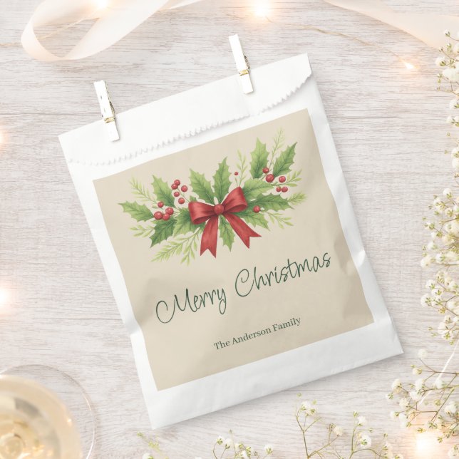 Elegant Holly & Red Bow Christmas -  Favour Bag (Clipped)