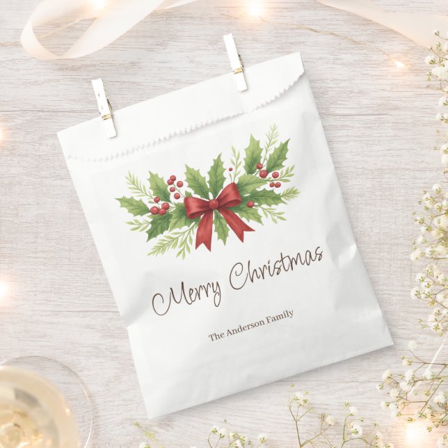 Elegant Holly & Red Bow Christmas -  Favour Bag (Clipped)
