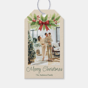 Elegant Holly & Red Bow Christmas - Gift Tags