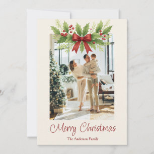 Elegant Holly & Red Bow Christmas - Holiday Card